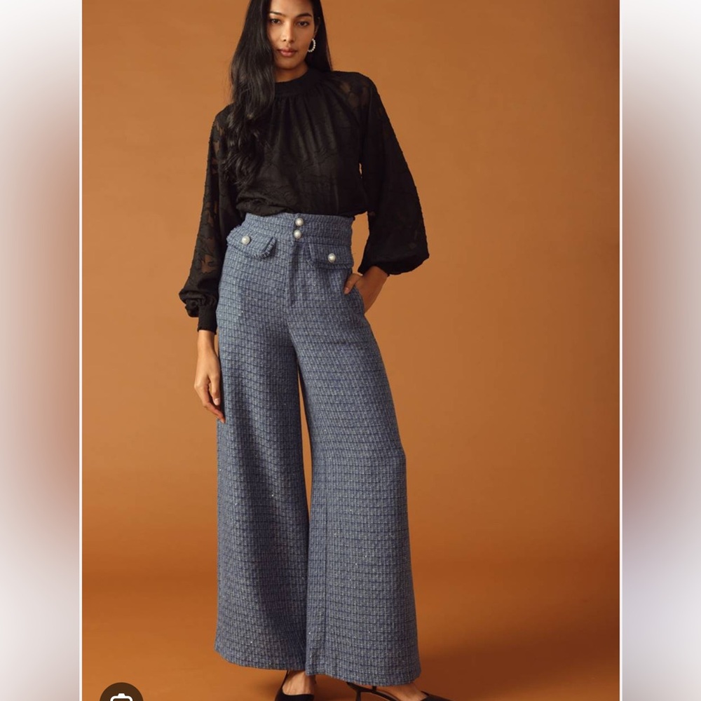 High-Waist Wide-Leg Tweed Pants - Blue